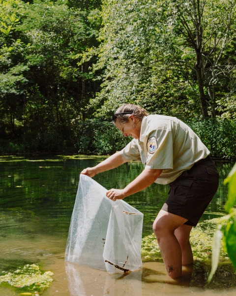 USFWS employee holding plastic bag into green water