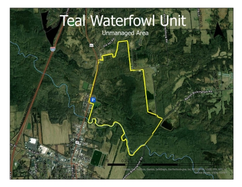 Aerial image outlining the Teal Waterfowl Area.