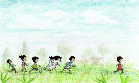 Artwork of children run across a grassy field with trees and a house faintly in the background.