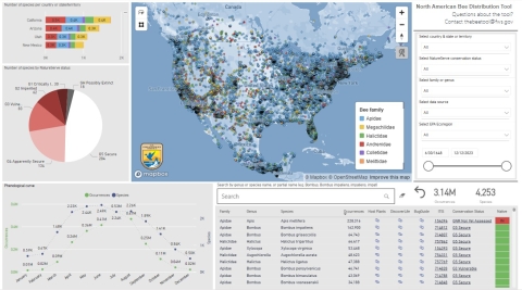 North American map with colored dots representing native bee distribution. There is a bar graph, pie chart and curve graph with same information on the left side.