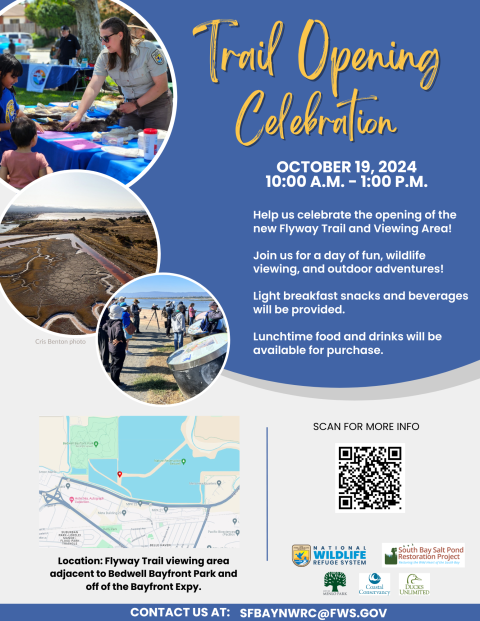 Trail Opening Celebration Flyer October 19 2024 from 10am to 1pm. Images of park rangers talking with the public and birders along a marsh. Map shows the location of the event. Partner logos at the bottom.