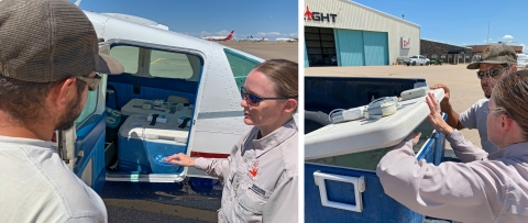 Man and woman standing next to a plane. Right image, man and woman opening a blue ice chest with a wide lid.