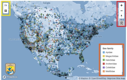 Lasso and Polygon tool highlighted in yellow box in upper-left corner of a map of North America. Zoom features highlighted in red in upper-right corner of map. Map legend highlighted in orange in bottom-right corner of map.