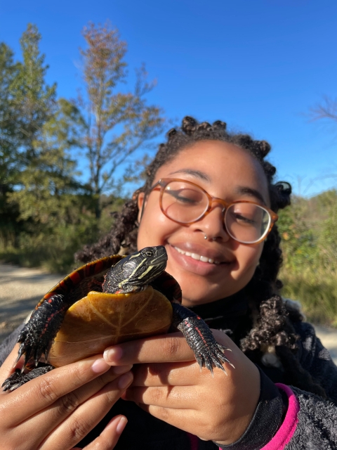 A young girl holding an eastern painted turtle while conducting research at Patuxent Research Refuge.