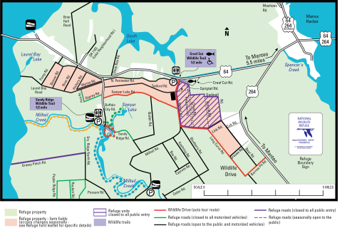 A complex map showing refuge property, roads, and trails, and marking which ones are open to motorized vehicles, closed to motorized vehicles, or closed to all entry. For accessibility, please call 252-473-1131.