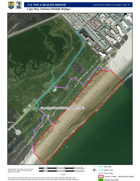 A map of Cape May NWR Two Mile Beach Unit shows the bike path, marsh trail, dune trail, and the seasonally closed beach.