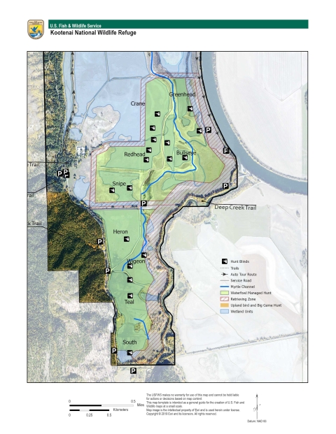 A hunt map detailing the various wetland units available for waterfowl hunting at Kootenai NWR.