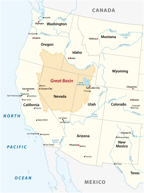 A map of the western half of the United States, and orange colored area details the extent of the Great Basin. areas include parts of Oregon, Idaho, Utah, California, and most of Nevada.