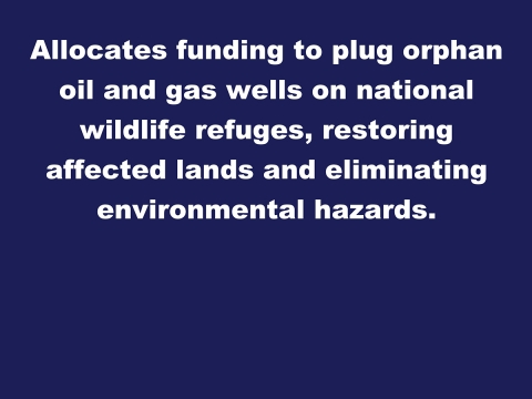 Image reads Allocates funding to plug orphan oil and gas wells on national wildlife refuges, restoring affected lands and eliminating environmental hazards.