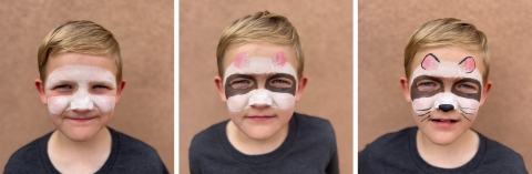 three images of a blond child showing the progression through steps to create a black-footed ferret face paint look.