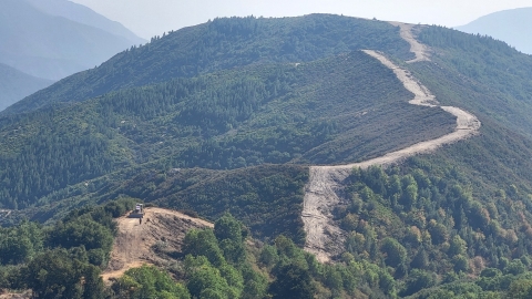 a mountain with a clear fire line extending the ridgeline