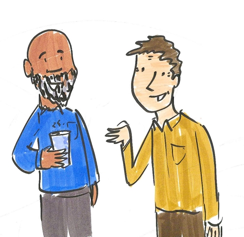 cartoon of two men (one with darker skin and a black beard and the other with paler skin and brown hair) chatting over a coffee