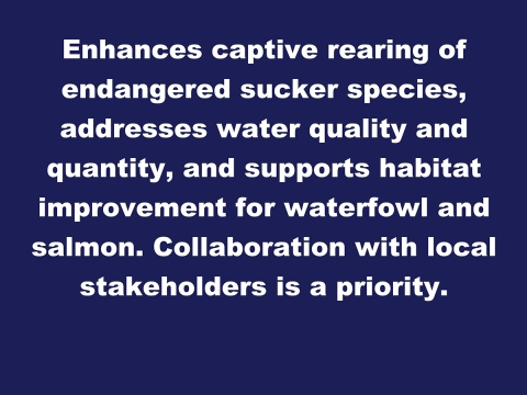 Image reads Enhances captive rearing of endangered sucker species, addresses water quality and quantity, and supports habitat improvement for waterfowl and salmon. Collaboration with local stakeholders is a priority.