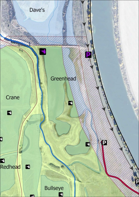 Close-cropped section of a map showing the Greenhead hunt unit at Kootenai NWR. A hunt icon and red line denotes the location of a temporary hunt blind at the north end of the unit.