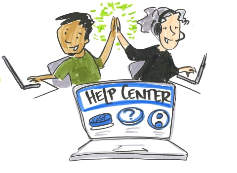 cartoon of a man high-fiving a woman wearing a headset while each is looking at their respective computer screens and a larger computer below them that reads "Help Center" and has three buttons (a blue button that says "easy", a question mark, and a person icon)