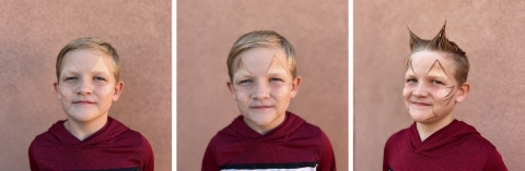 three images of a blond child showing the progression through steps to create a horned lizard face paint look.