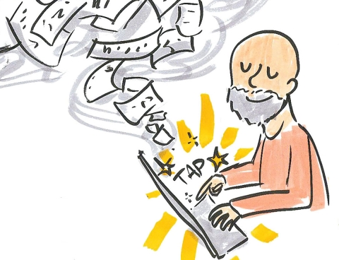 cartoon of a hurricane of papers swirling into a laptop and a bald man with a beard and pale skin pressing a laptop and the word "tap"