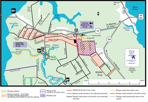 A complex map showing refuge property, roads, and trails, and marking which ones are open to motorized vehicles, closed to motorized vehicles, or closed to all entry. For accessibility, please call 252-473-1131.