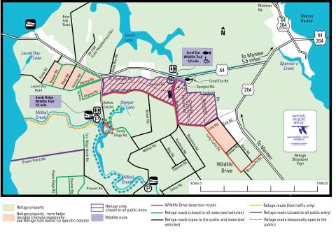 A complex map showing refuge property, roads, and trails, and marking which ones are open to motorized vehicles, closed to motorized vehicles, or closed to all entry. For accessibility, please call 252-473-1131.