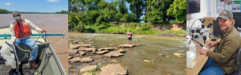 Three images, left man holding net, middle man standing in river, right man sitting at a lab desk with a microscope