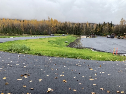 view of a parking lot with yellow fall trees in the background