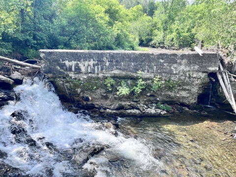 A large concrete dam spans the width of a river, allowing only a small portion of the water to flow through.