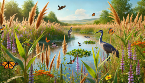 Graphic with a biodiverse wetland of plants and various bird species