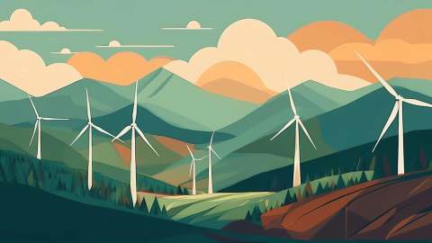 Flat design graphic of wind turbines in the Ozark Mountains