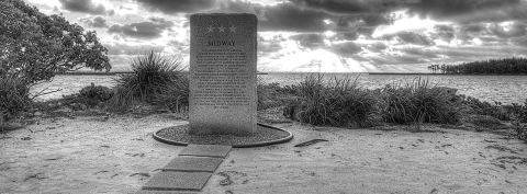 Black and white image of Battle of Midway memorial