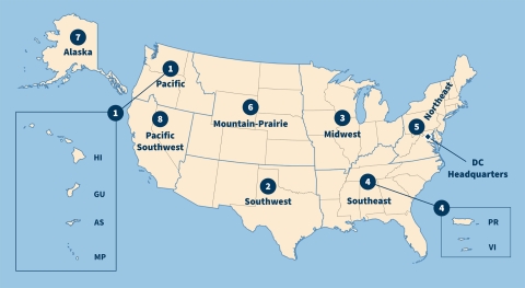 U.S. Fish and Wildlife Service region map. Region 1: Pacific, Region 2: Southwest, Region 3: Midwest, Region 4: Southeast, Region 5: Northeast, Region 6: Mountain-Prairie, Region 7: Alaska, Region 8: Pacific Southwest