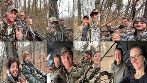 Participants in the mentored archery deer hunt at Cherry Valley National Wildlife Refuge pose for selfies from their tree stands and hunt blinds. 