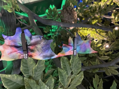 A couple of close pin bats with tie-dye tissue paper wings