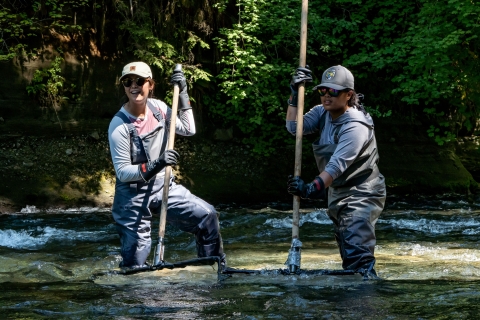 Two interns in waders standing in a river with pole nets in the water. Tree foliage seen in the background.