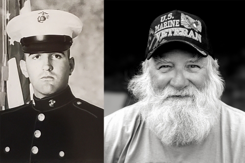 Two images showing a young man in a Marines uniform on the left and the same man with a white beard and US Marine Veteran hat on the right