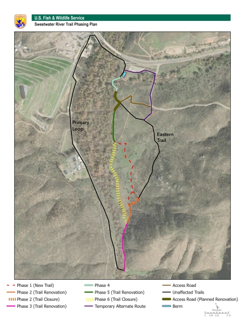 Map of the Sweetwater River Trail Phasing Plan. The interpretive loop trail is marked with different lines depending on the phase of work. For detailed information, contact refuge manager Dwane Binns at Dwane_Binns@fws.gov or by phone at (619) 385-1190.