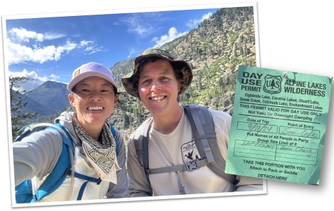 A collage: On the left, two people smile in the wilderness with mountains and blue sky behind them. On the right is a copy of a day use permit for the Alpine Lakes Wilderness