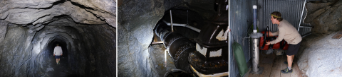 A collage of three photos: Left is a person walking through a dark, rock tunnel. Middle is an underground shot of a pipe running into a mountain. Right is a person adjusting a valve inside a shed with a wheel.