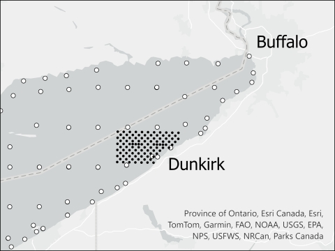 Map of Lake Erie with text "Buffalo" and "Dunkirk". Text at bottom of image says "Province of Ontario, Esri Canada, Esri, TomTom, Garmin, FAO, NOAA, USGS, EPA, NPS, USFWS, NRCan, Parks Canada