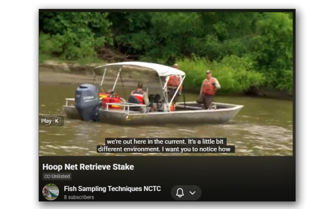 Deployment in swift current, intermediate-sized hoop net, using a stake for cod end, double floats