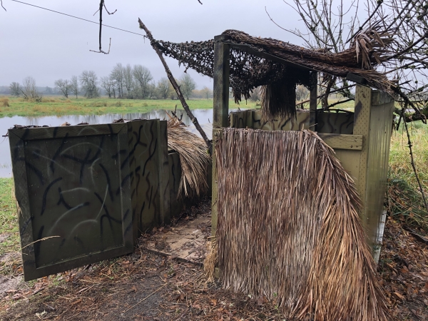 View inside of a box hunt blind that is camouflaged with vegetation and camo paint