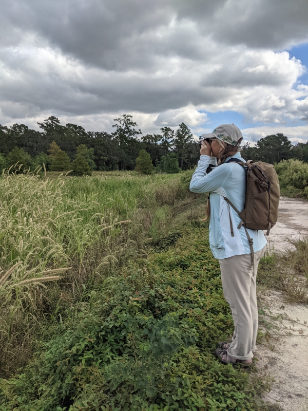 A woman stops to take a picture as she looks out over a high grass field, while hiking on a trail at the Edisto Unit of the refuge. Large dark gray clouds have formed in the sky.