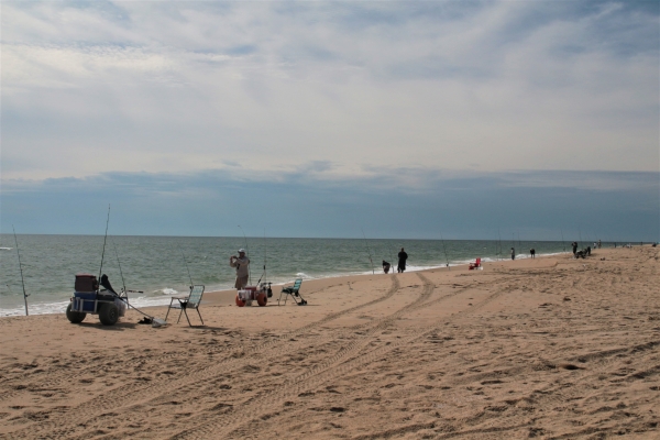 Several people standing and sitting along a beach. Fishing poles are staked in the sand next to beach chairs and beach fishing carts. The ocean is textured but calm and the sky is cloudy with some blue shining through.