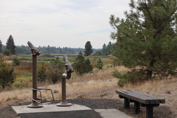 A pair of spotting scopes overlooks a wetland