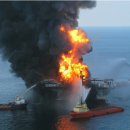 Platform supply vessels battle the blazing remnants of the off shore oil rig Deepwater Horizon photo by US Coast Guard