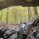 Looking up from the inside of a cave, the entrance is a window-view of a green forest.
