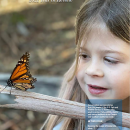A girl admiring a monarch butterfly that is perched on a branch