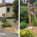 A photograph of the current Montezuma NWR visitor center building (tan building with brown roof) and garden area.