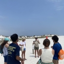 Staff talking to students on beach