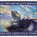 Watermarked 2024-2025 Junior Duck Stamp featuring a King Eider painted by Emily Lian from Oregon