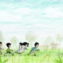 Artwork of children run across a grassy field with trees and a house faintly in the background.